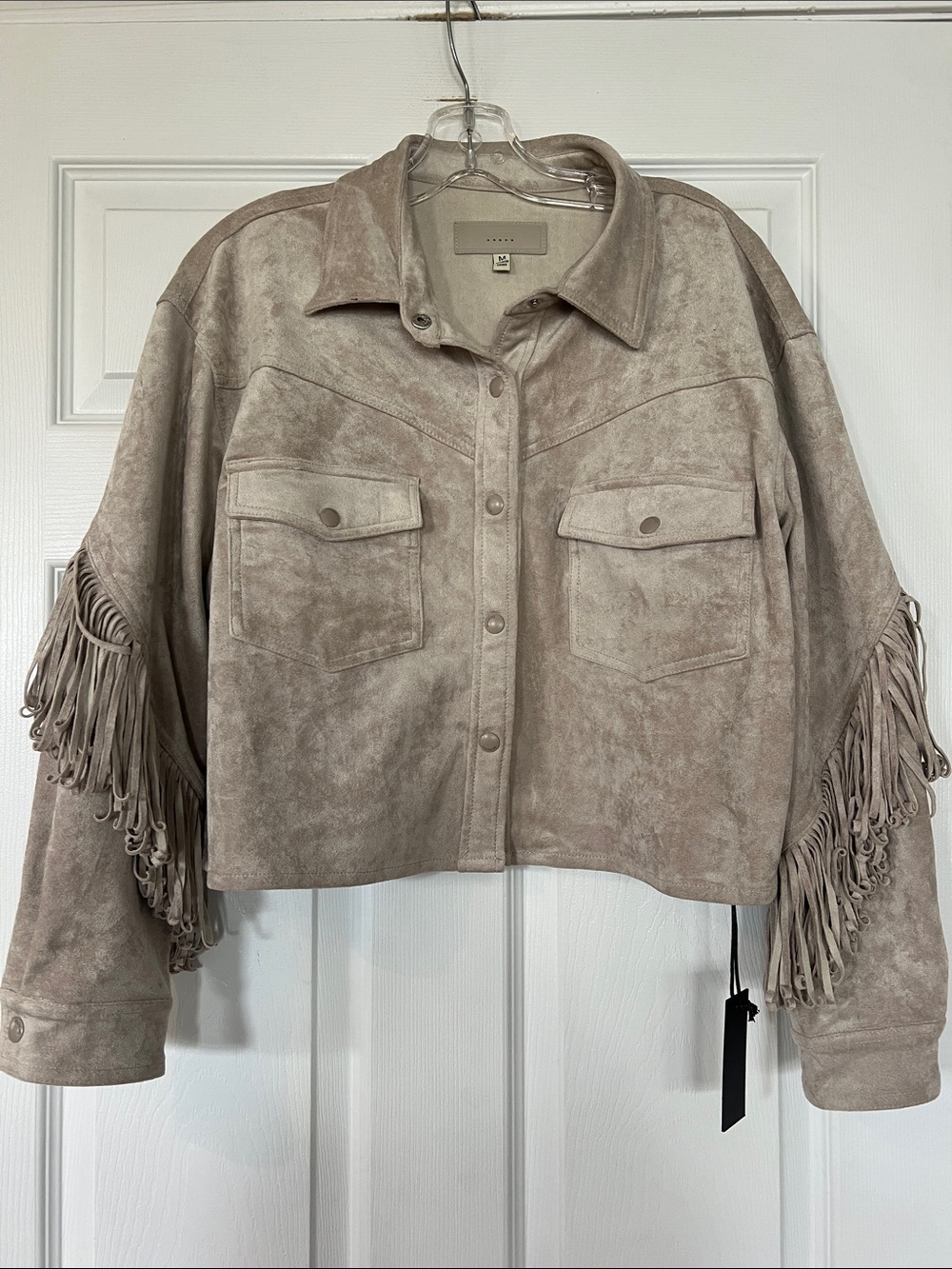 Blank NYC Taupe Fringe faux Suede Cropped Jacket